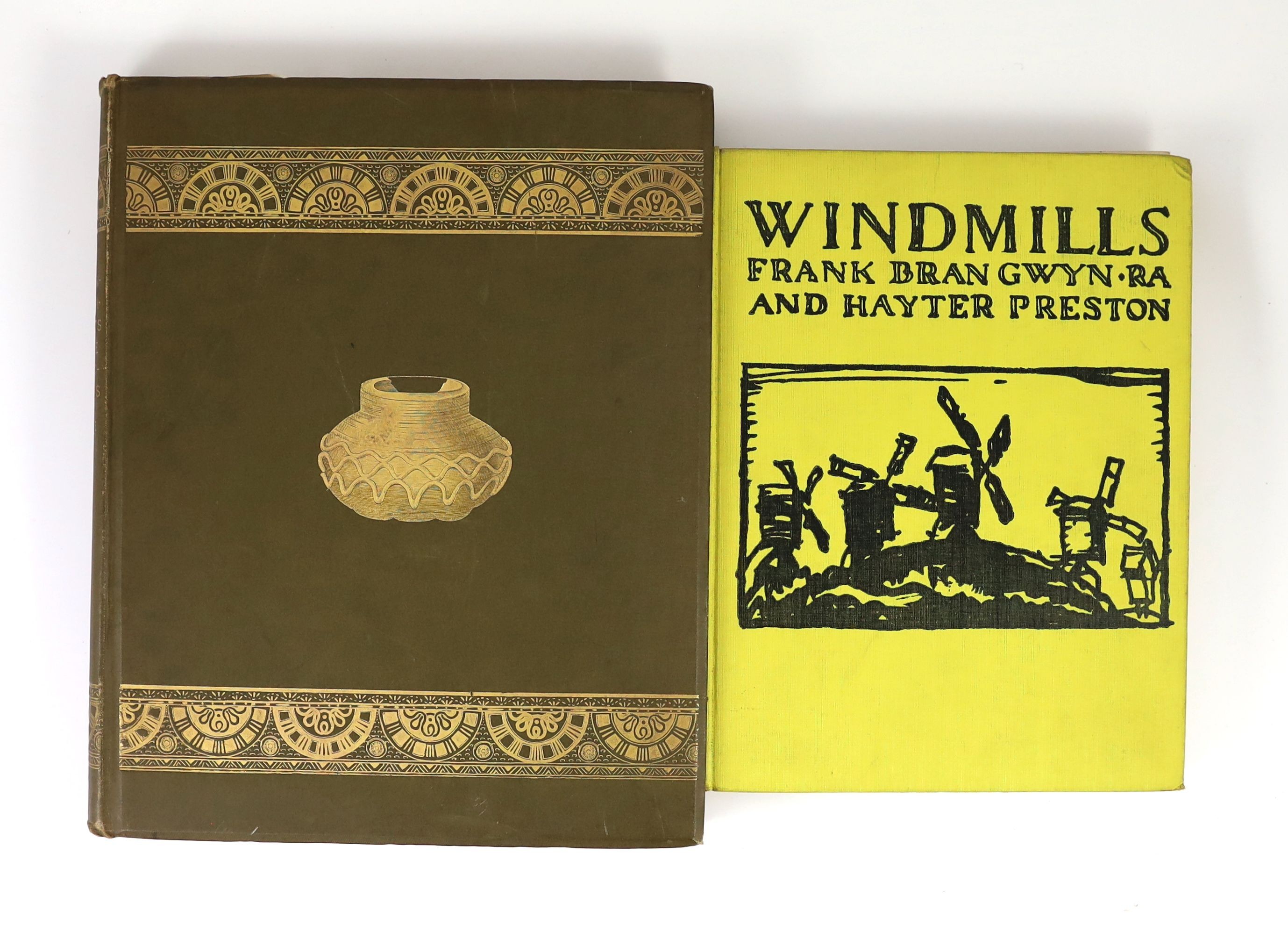 Brangwyn, Frank and Preston, Hayter - Windmills, 4to, yellow cloth, John Lane The Bodley Head, London, 1923 and Baye, Baron J. de - The Industrial Arts of the Anglo-Saxons, 4to, cloth gilt, Swan Sonnenschein, London, 189